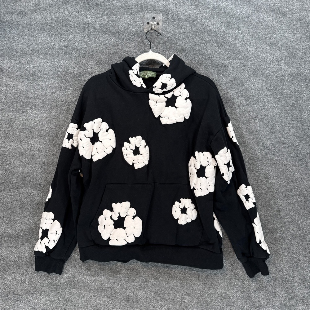 Denim Tears Cotton Wreath Hoodie Men Small Black Puff Print Streetwear Hoodie